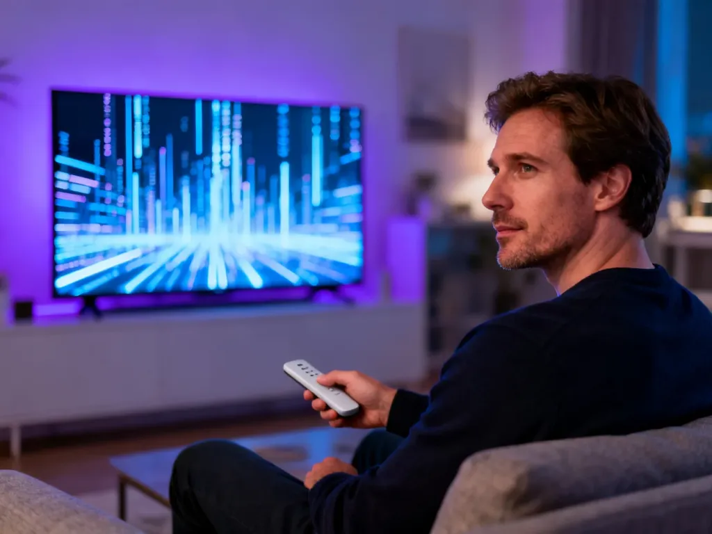 Mężczyzna siedzący na kanapie przed nowoczesnym telewizorem, na którym wyświetlane są cyfrowe strumienie danych.