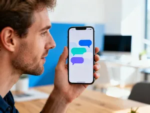 Mężczyzna używa smartfona do przesyłania obrazu na telewizor za pomocą technologii AirPlay w nowoczesnym salonie.