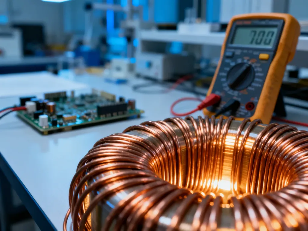 Zwój miedzianego przewodu elektrycznego na tle warsztatu elektronicznego z multimetrem, ilustrujący zagadnienie rezystancji.