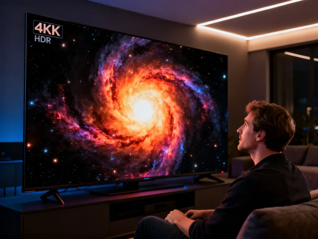 Mężczyzna oglądający na nowoczesnym telewizorze 8K obraz mgławicy, prezentujący wysoką jakość technologii HDR i Dolby Vision.