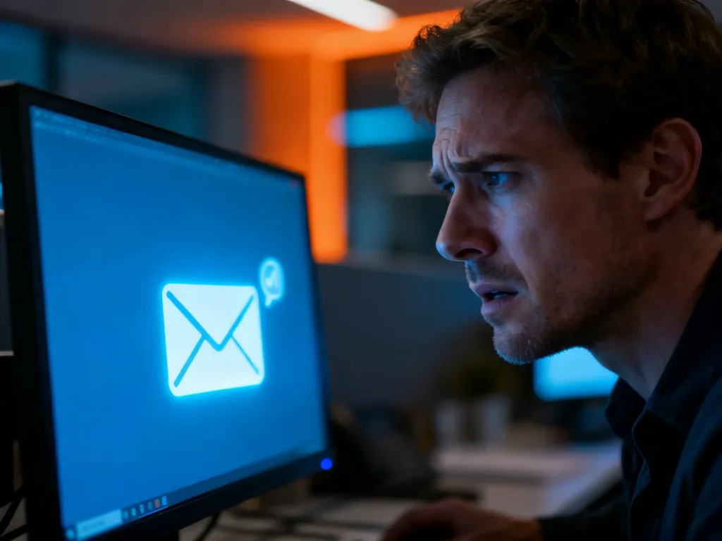 Zirytowany mężczyzna patrzący na ekran komputera z powiadomieniem o nowej wiadomości e-mail w biurze.
