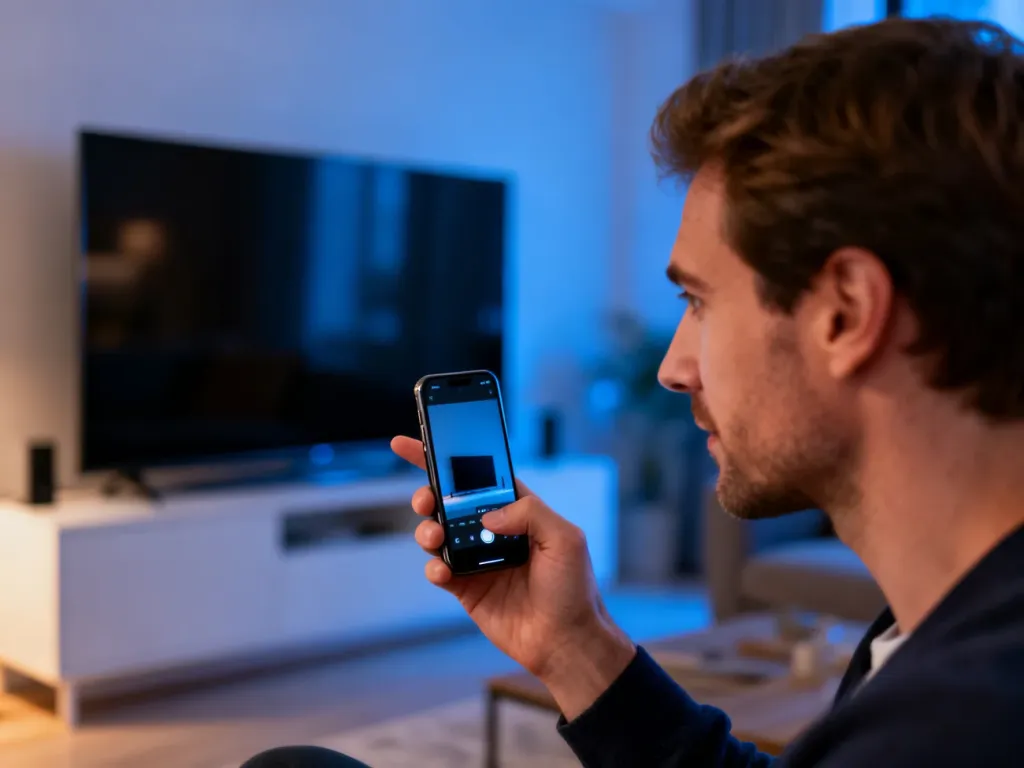 Mężczyzna używa smartfona do przesyłania obrazu na telewizor za pomocą technologii AirPlay w nowoczesnym salonie.