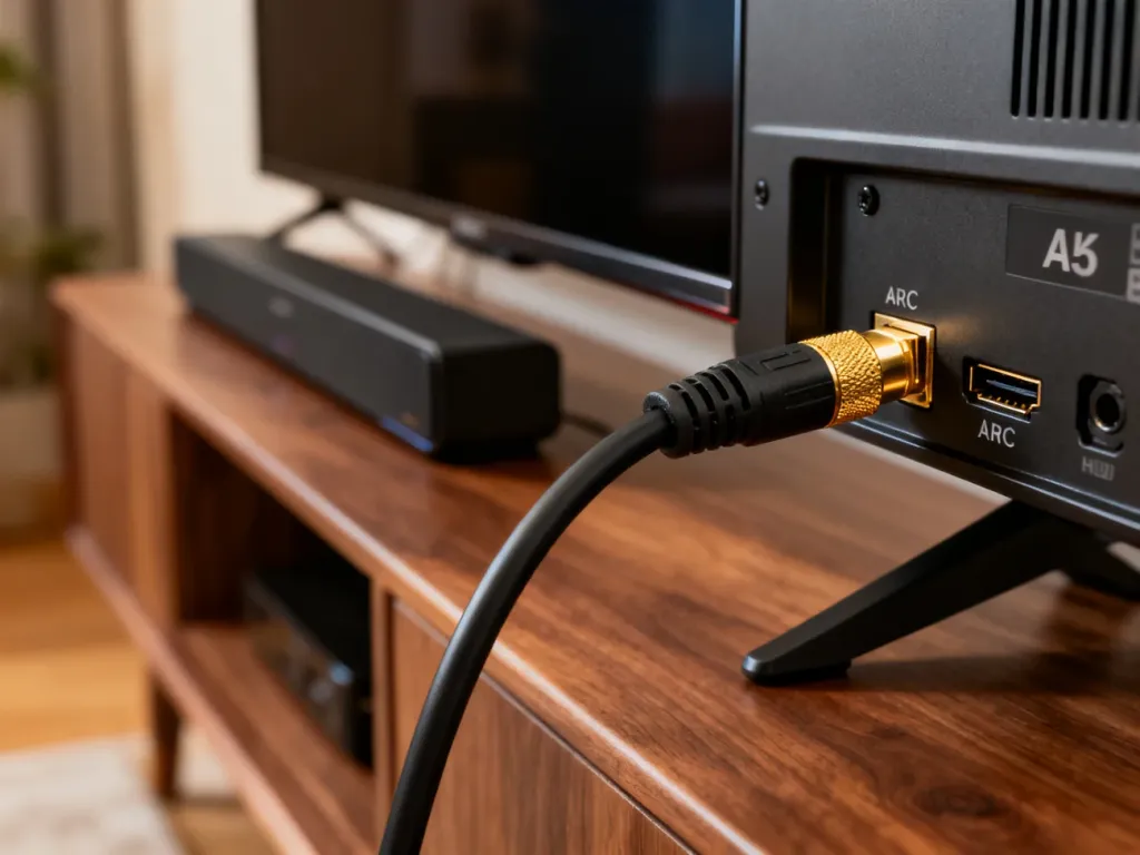 Kabel HDMI podłączony do portu ARC w telewizorze, z widocznym w tle soundbarem systemu kina domowego.