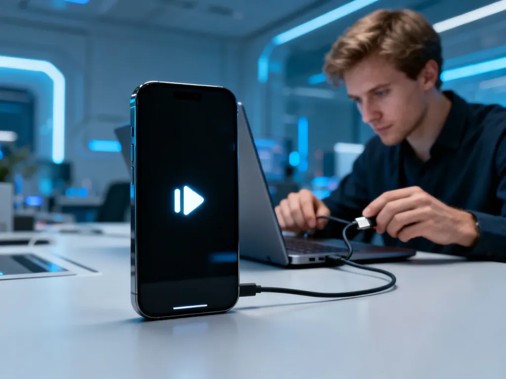 Smartfon z ikoną wiersza poleceń na ekranie, podłączany kablem USB do laptopa w nowoczesnym biurze.