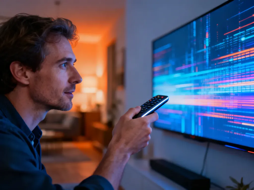 Mężczyzna obsługujący nowoczesny telewizor za pomocą pilota, co ilustruje działanie technologii HbbTV.
