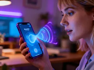 Mężczyzna używa smartfona do przesyłania obrazu na telewizor za pomocą technologii AirPlay w nowoczesnym salonie.