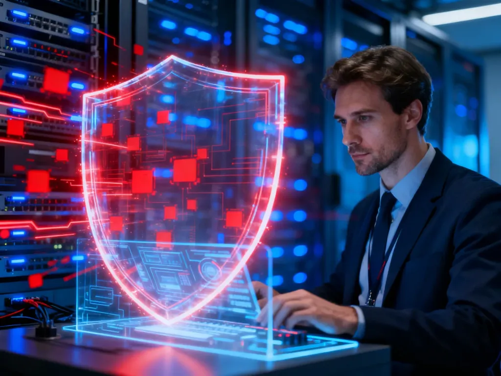 Inżynier sieciowy monitorujący cyfrową zaporę chroniącą serwerownię przed cyberatakami.