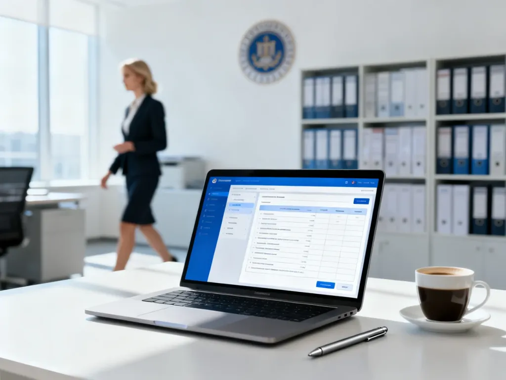 Nowoczesne stanowisko pracy z otwartym systemem EZD na ekranie laptopa, symbolizujące cyfryzację obiegu dokumentów w urzędzie.