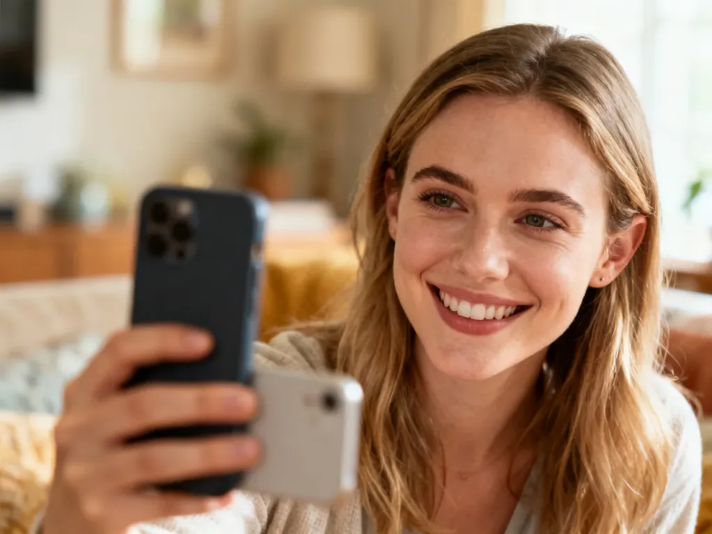 Uśmiechnięta młoda kobieta robi sobie spontaniczne selfie smartfonem w przytulnym salonie.