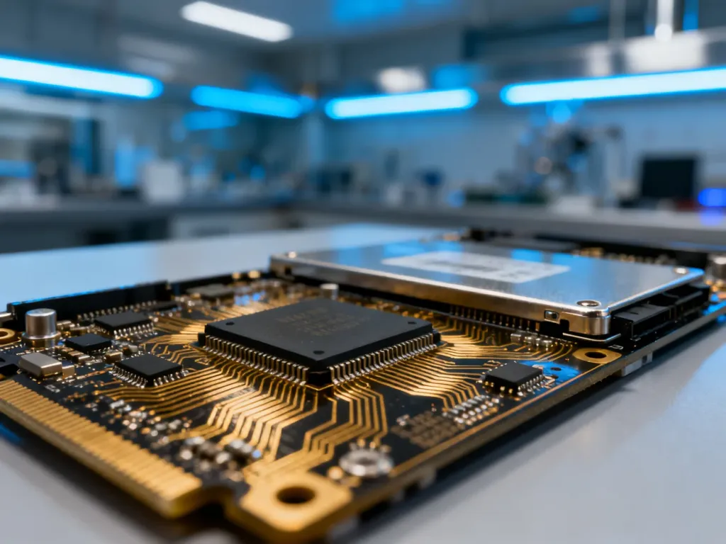 Zbliżenie na precyzyjne układy scalone i pamięci dysku SSD na nowoczesnym stanowisku laboratoryjnym.