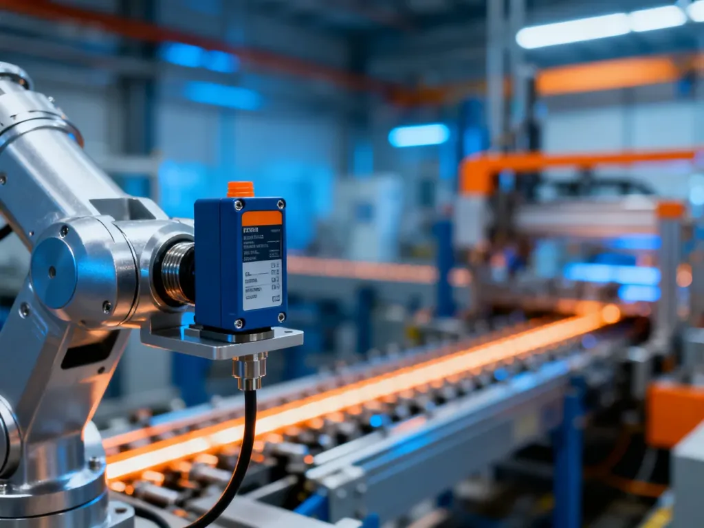 Przemysłowy czujnik zbliżeniowy zamontowany na ramieniu robota w zautomatyzowanej hali produkcyjnej.
