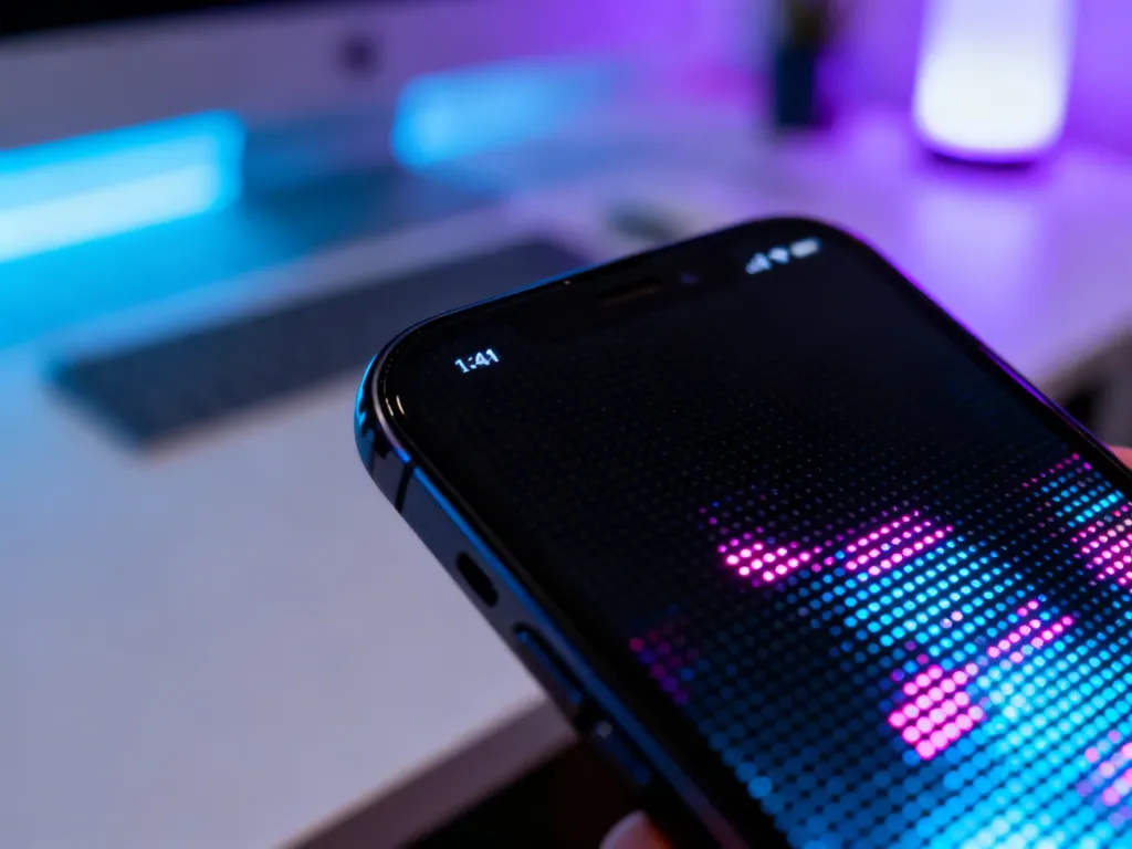 Zbliżenie na matrycę ekranu AMOLED prezentujące głęboką czerń oraz intensywne, nasycone kolory pikseli.