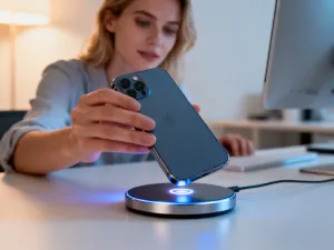 Nowoczesny router Wi-Fi 6 z niebieskim podświetleniem na drewnianym biurku w domowym biurze.