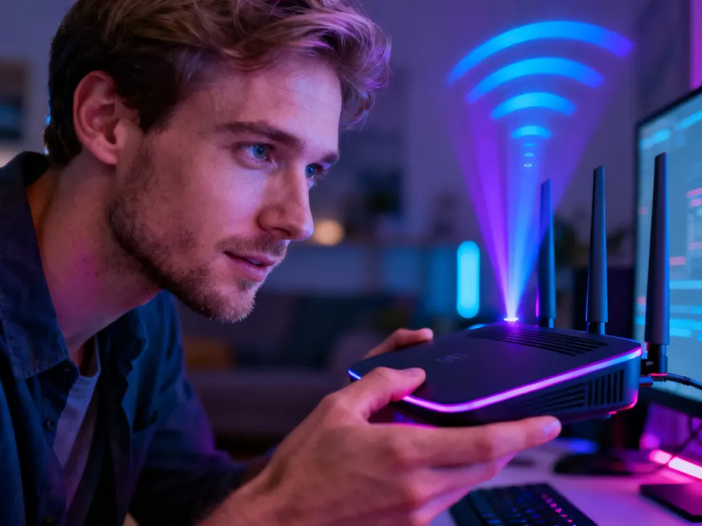 Mężczyzna trzyma nowoczesny router w zaawansowanym technologicznie biurze, symbolizując szybką łączność Wi-Fi 7.