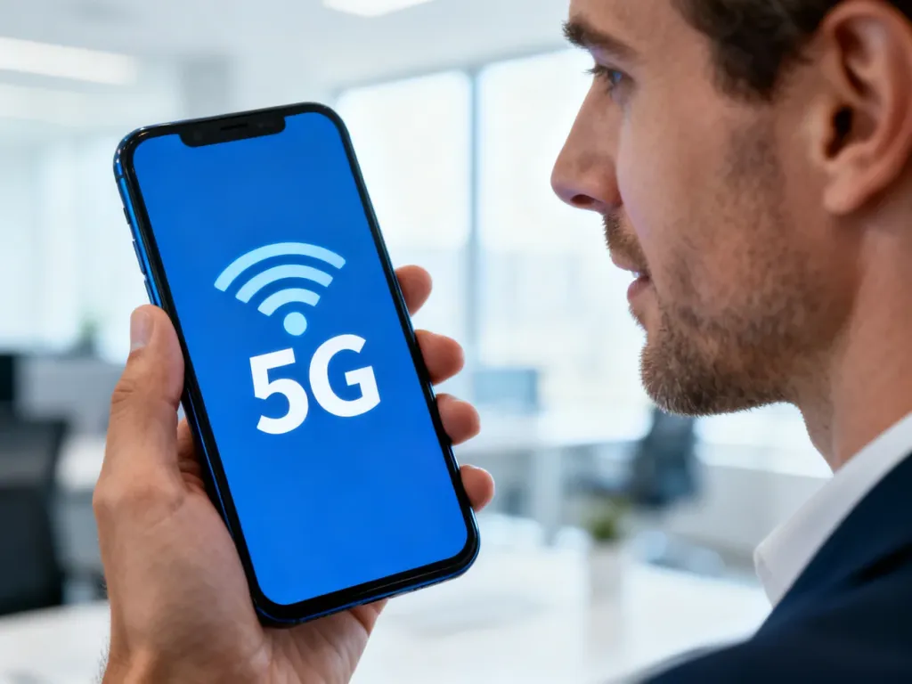 Nowoczesny smartfon z widoczną ikoną sieci 5G trzymany w dłoni na tle jasnego biura.