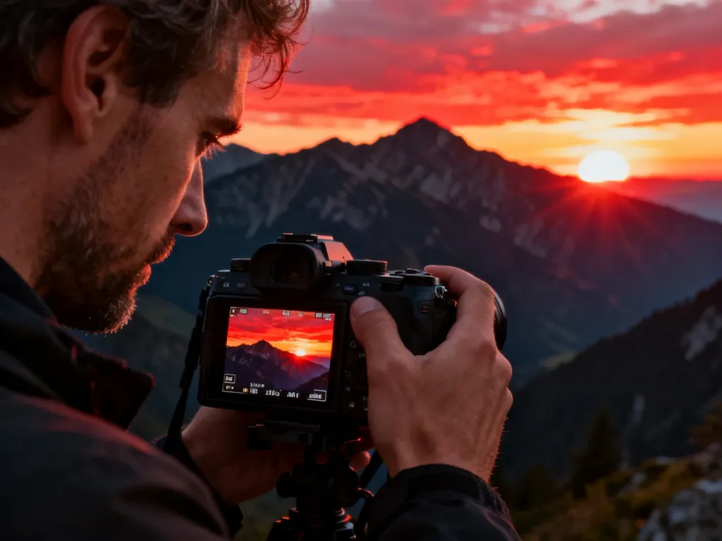 Fotograf oglądający na ekranie aparatu górski krajobraz o szerokiej rozpiętości tonalnej, ilustrujący działanie technologii HDR.