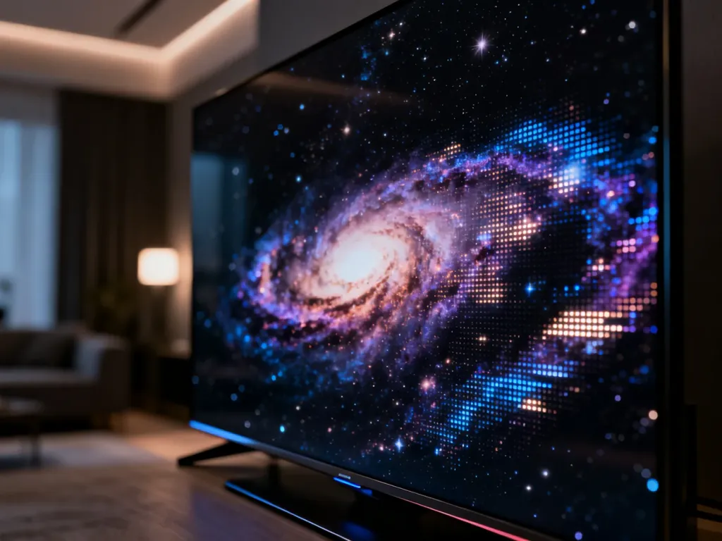 Zbliżenie na ekran telewizora Mini LED wyświetlający kolorową mgławicę, ukazujące głęboką czerń i precyzyjne podświetlenie.