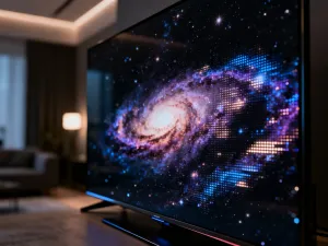Mężczyzna trzyma nowoczesny router w zaawansowanym technologicznie biurze, symbolizując szybką łączność Wi-Fi 7.