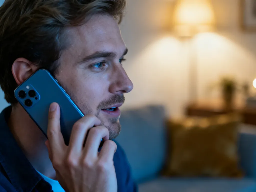 Mężczyzna rozmawiający przez smartfon w przytulnym salonie, ilustrujący działanie technologii VoWiFi.