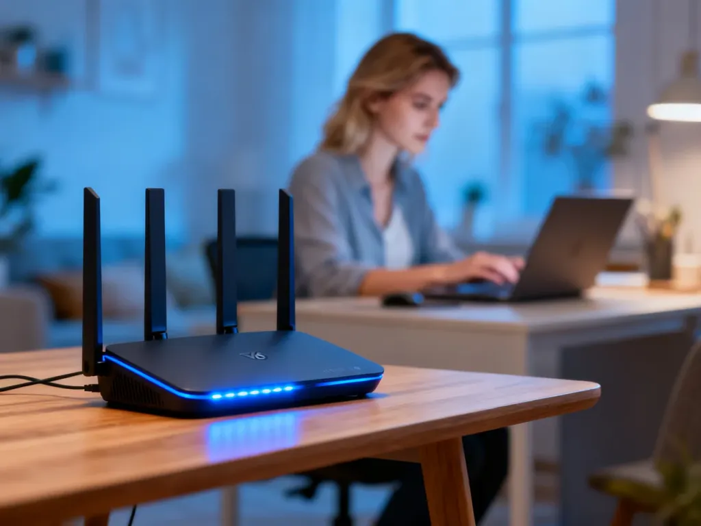 Nowoczesny router Wi-Fi 6 z niebieskim podświetleniem na drewnianym biurku w domowym biurze.