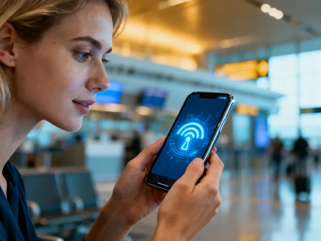 Kobieta trzymająca smartfon z ikoną cyfrowego sygnału na tle lotniska, symbolizująca wygodę technologii eSIM w podróży.