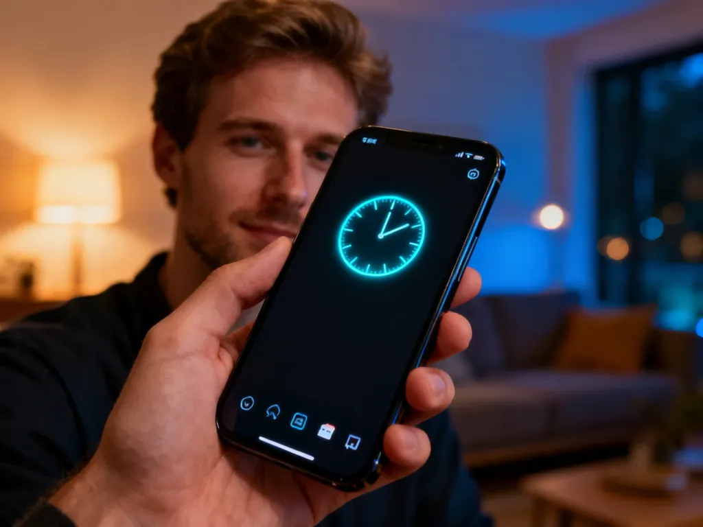 Nowoczesny smartfon z funkcją Always On Display prezentujący minimalistyczny zegar i powiadomienia na ciemnym ekranie.