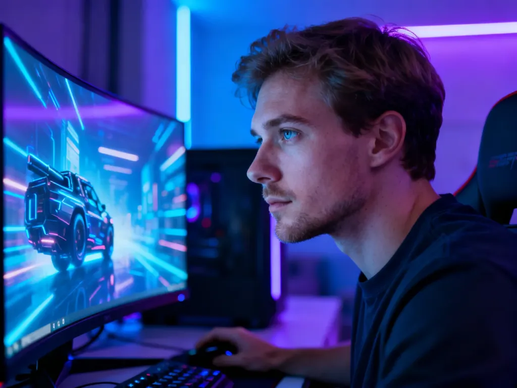 Gracz wpatrzony w monitor z zaawansowaną grafiką w nowoczesnym pokoju z nastrojowym oświetleniem RGB.