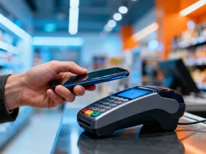 Mężczyzna rozmawiający przez smartfon w przytulnym salonie, ilustrujący działanie technologii VoWiFi.