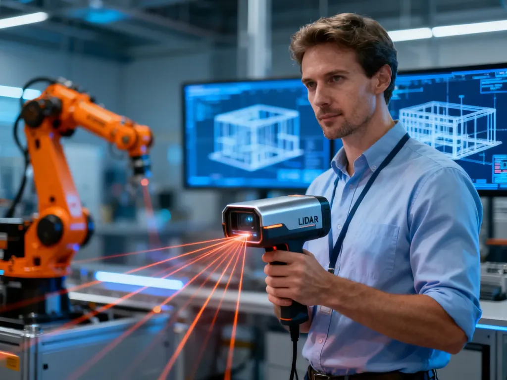Inżynier w nowoczesnym laboratorium prezentuje ręczny skaner LiDAR emitujący wiązki laserowe do pomiarów 3D.