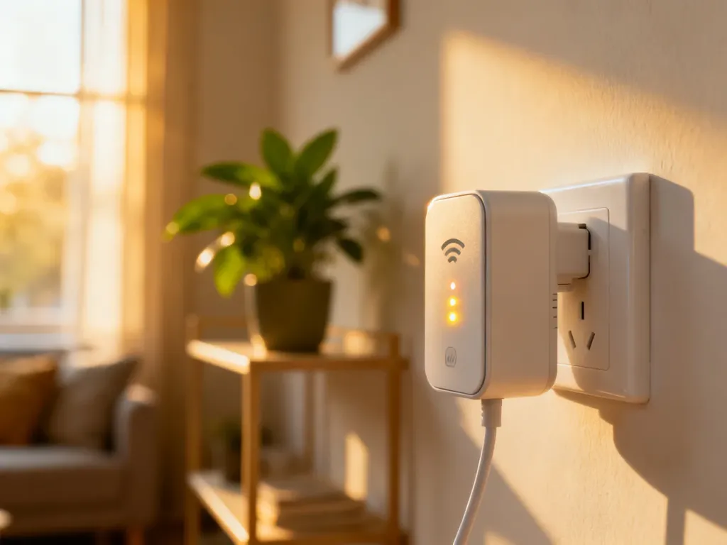 Wzmacniacz sygnału Wi-Fi podłączony do gniazdka elektrycznego w przytulnym salonie z widocznymi diodami sygnalizacyjnymi.