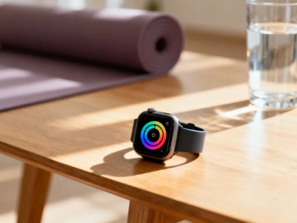 Nowoczesny smartwatch z wyświetlonymi pierścieniami aktywności fizycznej na tle maty do jogi i wody.