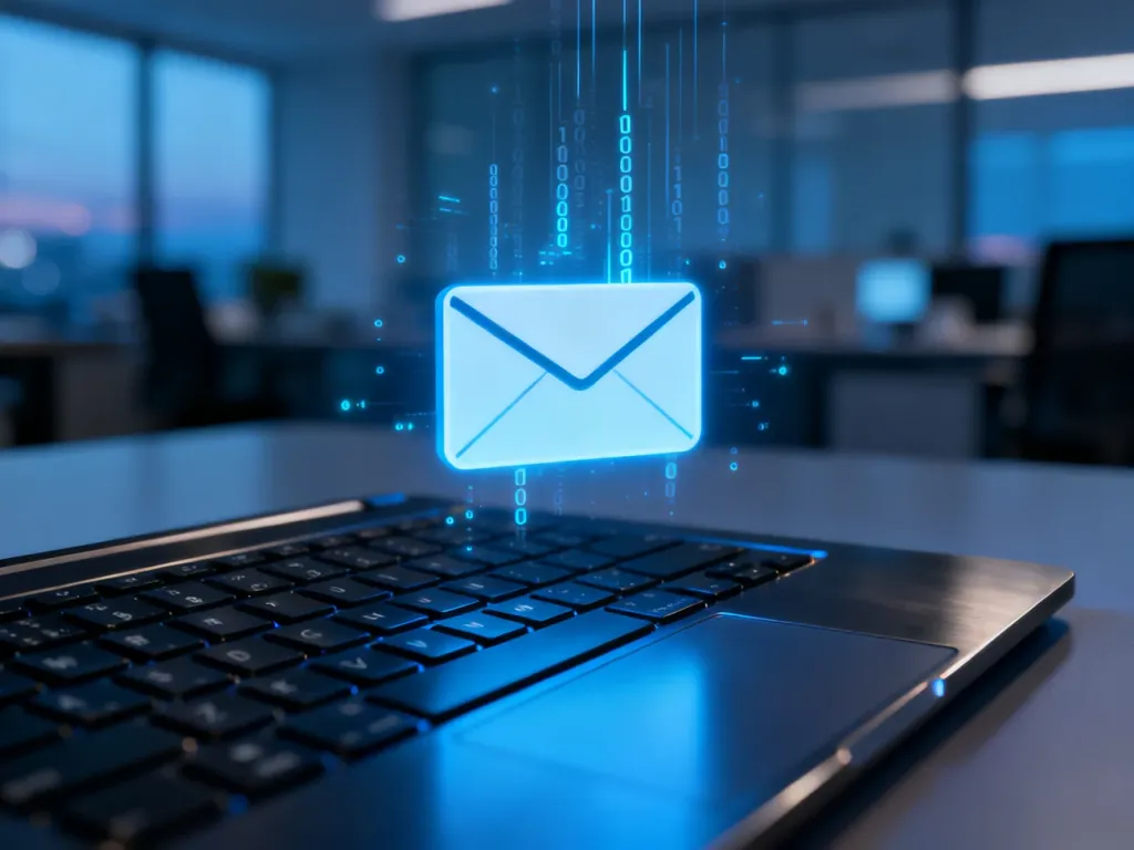 Świecąca ikona koperty unosząca się nad klawiaturą komputerową, symbolizująca nowoczesną komunikację e-mail.