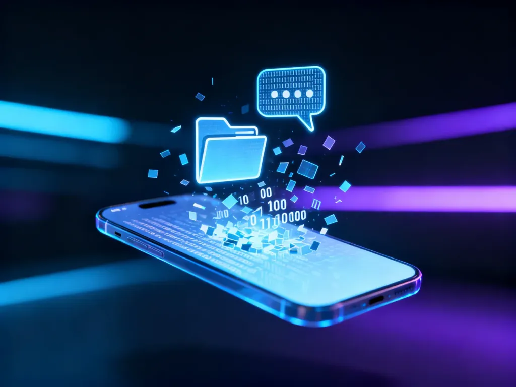 Wizualizacja procesu odzyskiwania usuniętych wiadomości z telefonu w formie cyfrowej rekonstrukcji danych.
