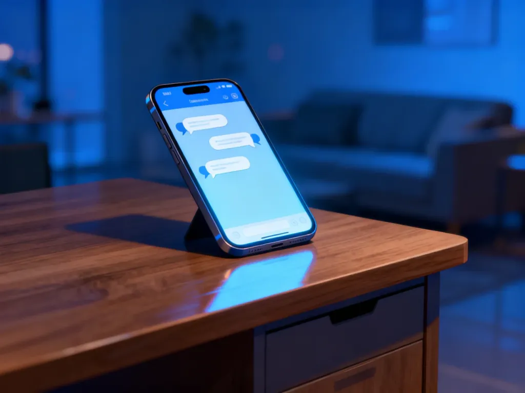 Smartfon z interfejsem czatu leżący na biurku w wieczornym, przyciemnionym oświetleniu.