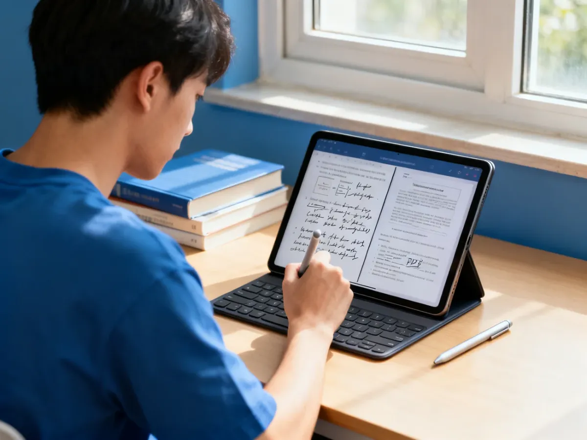Student robiący odręczne notatki na tablecie z rysikiem