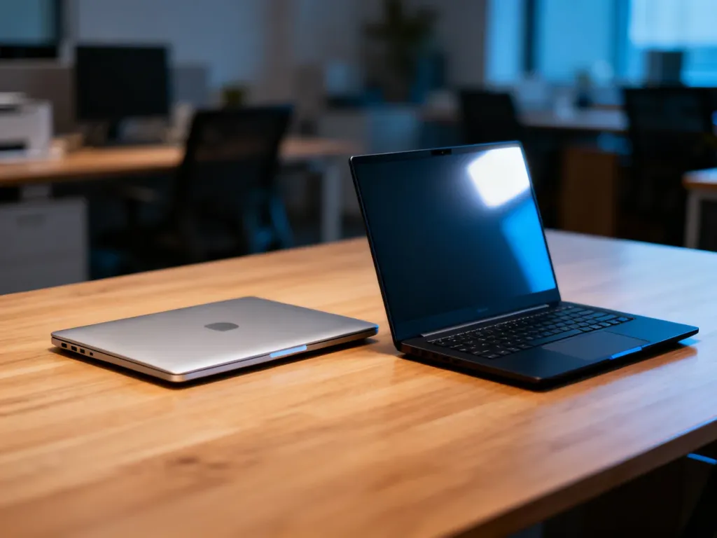 Dwa nowoczesne laptopy na biurku, symbolizujące porównanie systemów macOS i Windows w profesjonalnym środowisku pracy.