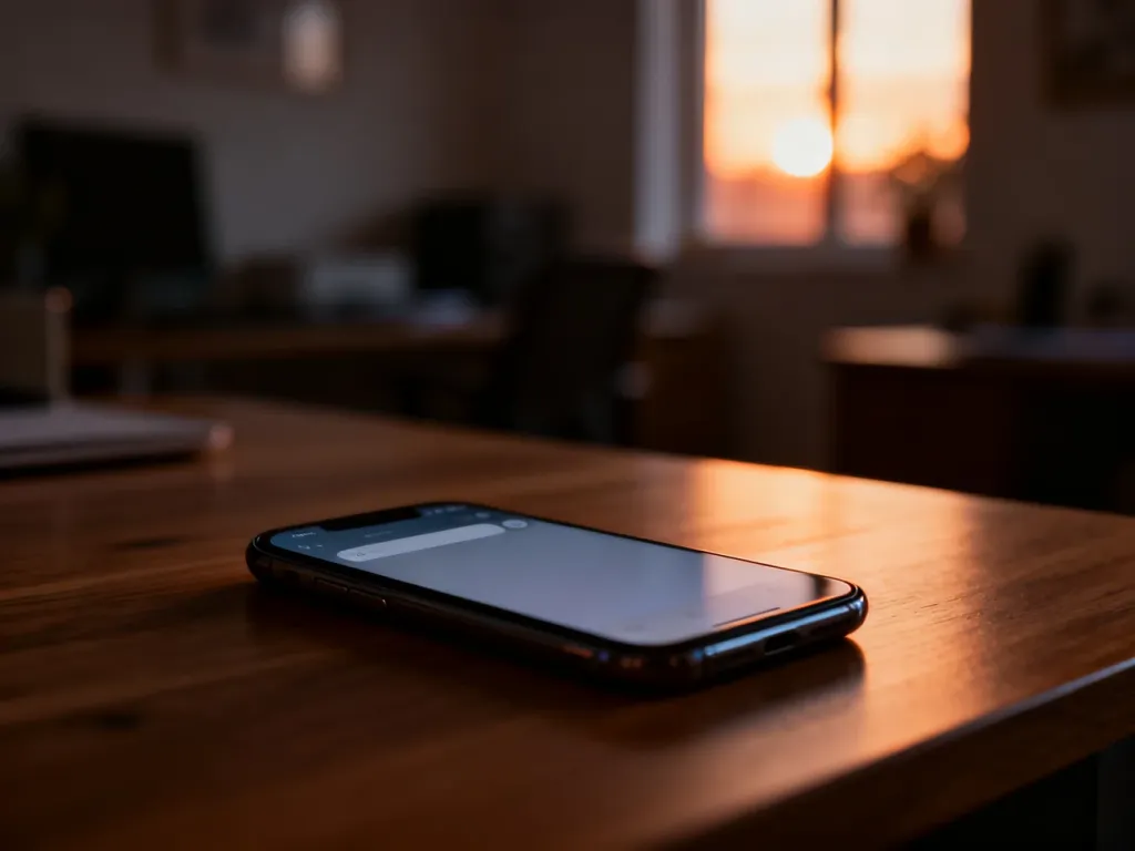 Smartfon z wygaszonym ekranem na drewnianym biurku, symbolizujący niepewność w komunikacji cyfrowej.