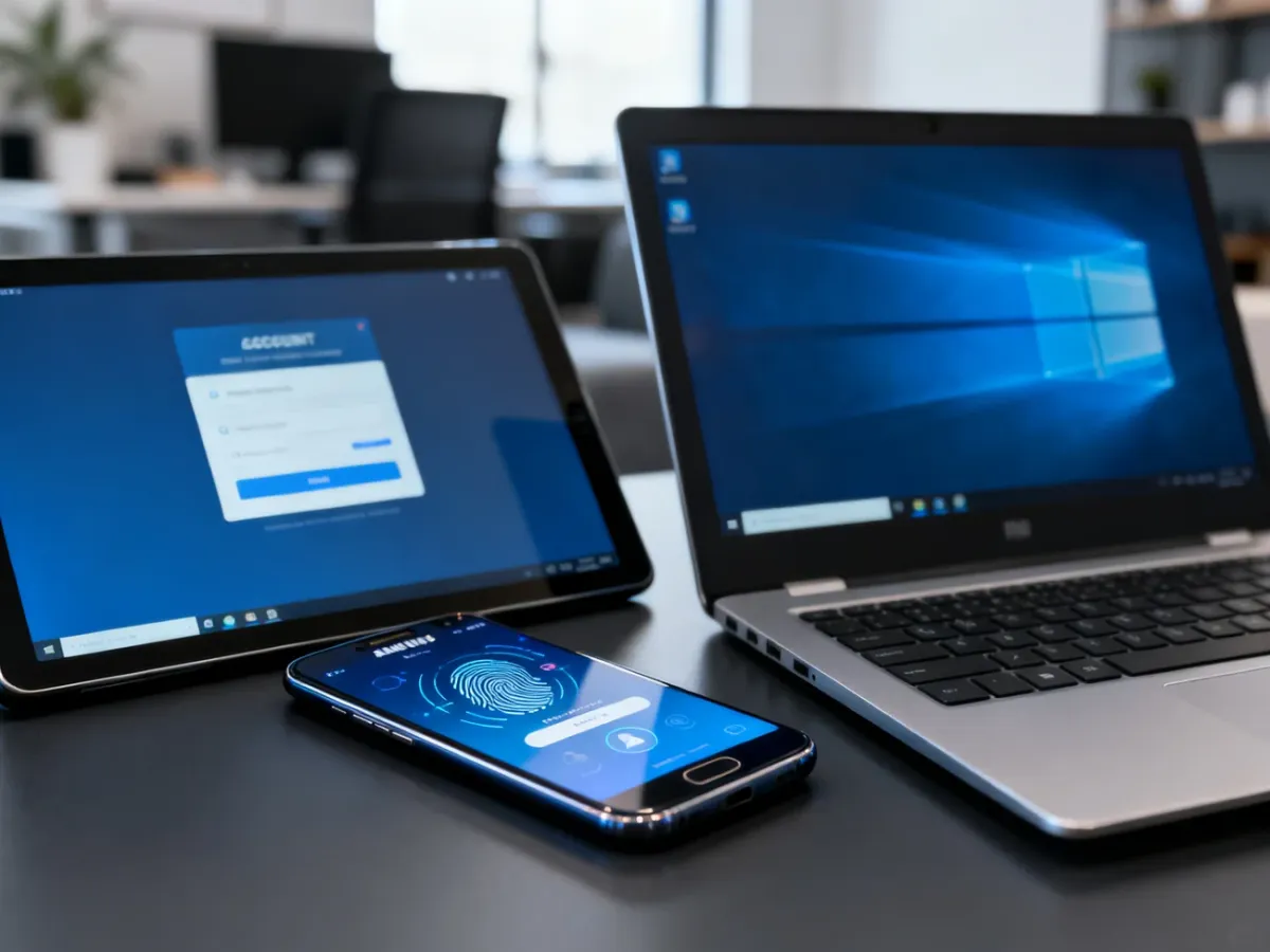 Smartfon Samsung z biometrycznym logowaniem obok tabletu i laptopa