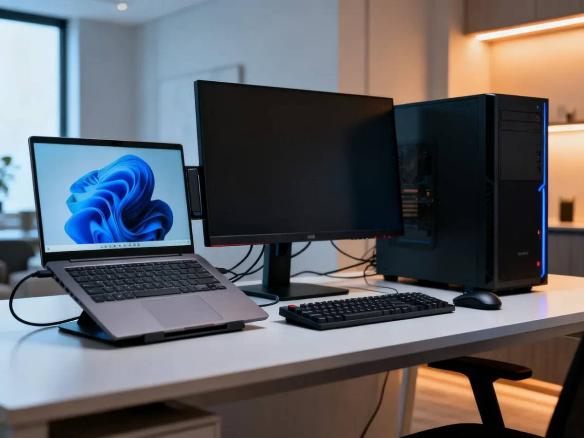 Laptop i komputer stacjonarny na wspólnym stanowisku pracy