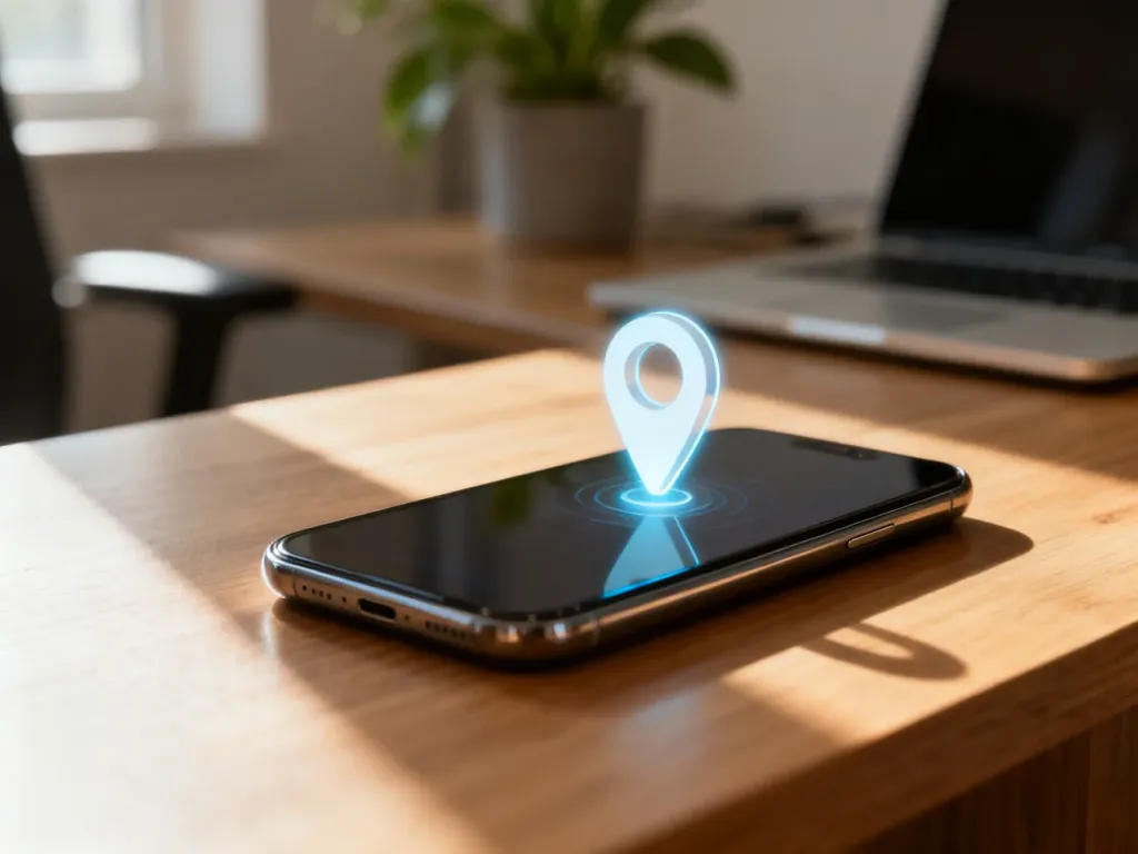 Nowoczesny smartfon z ikoną lokalizacji na ekranie, leżący na drewnianym biurku, symbolizujący funkcję śledzenia urządzenia.