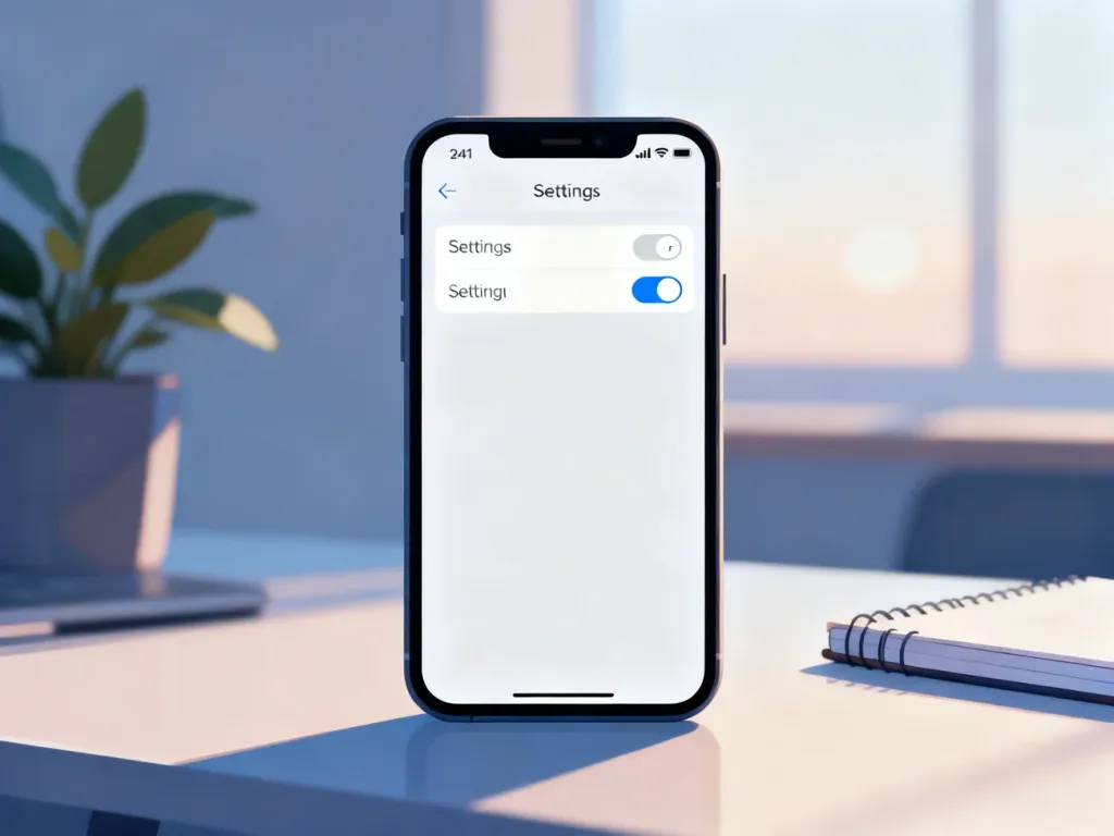 Smartfon z otwartym menu ustawień, na którym wyłączany jest przełącznik funkcji w nowoczesnym biurowym otoczeniu.