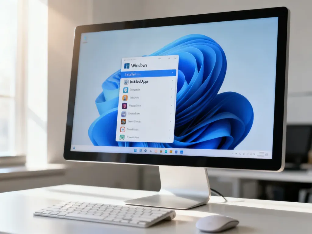 Ekran monitora z otwartym menu ustawień systemu Windows 11 i listą zainstalowanych aplikacji.