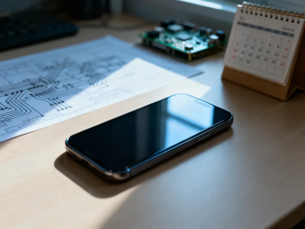 Nowoczesny smartfon na drewnianym biurku w otoczeniu schematów technicznych, symbolizujący proces sprawdzania wieku urządzenia.