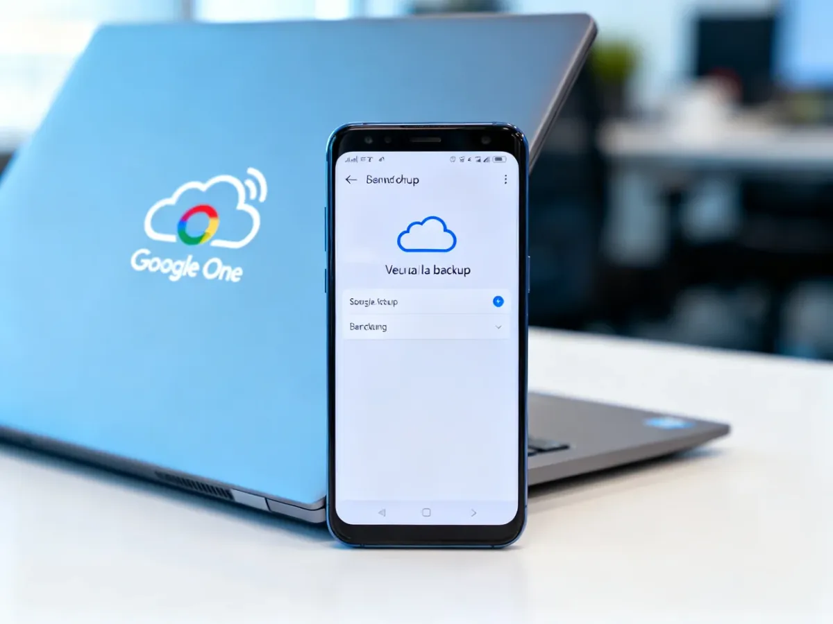 Smartfon z włączoną kopią zapasową Google One obok laptopa