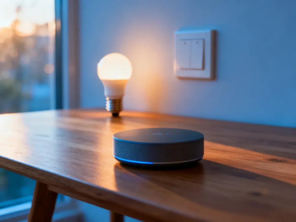 Nowoczesny hub do inteligentnego domu na drewnianym stole, symbolizujący łączność urządzeń w technologii Zigbee lub Wi-Fi.