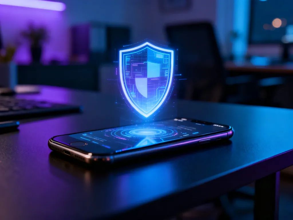 Nowoczesny smartfon z hologramem tarczy symbolizującym cyfrowe bezpieczeństwo i ochronę danych przed kradzieżą.