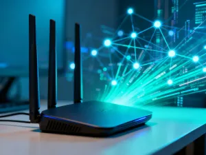 Dłoń trzymająca smartfon z ikonami czatów na ekranie, symbolizująca wybór między komunikatorami w domowym biurze.