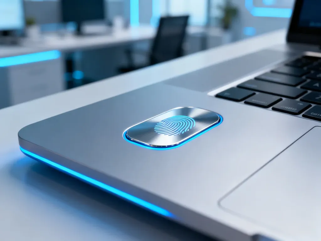 Czytnik linii papilarnych wbudowany w obudowę laptopa, służący do bezpiecznego logowania za pomocą Windows Hello.