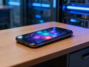 Smartfon trzymany w dłoni z wyświetlonym kolorowym krajobrazem, prezentujący proces personalizacji tapety na ekranie.
