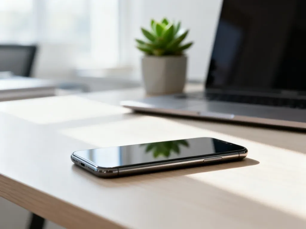 Nowoczesny smartfon leżący na minimalistycznym drewnianym biurku w jasnym, domowym biurze.